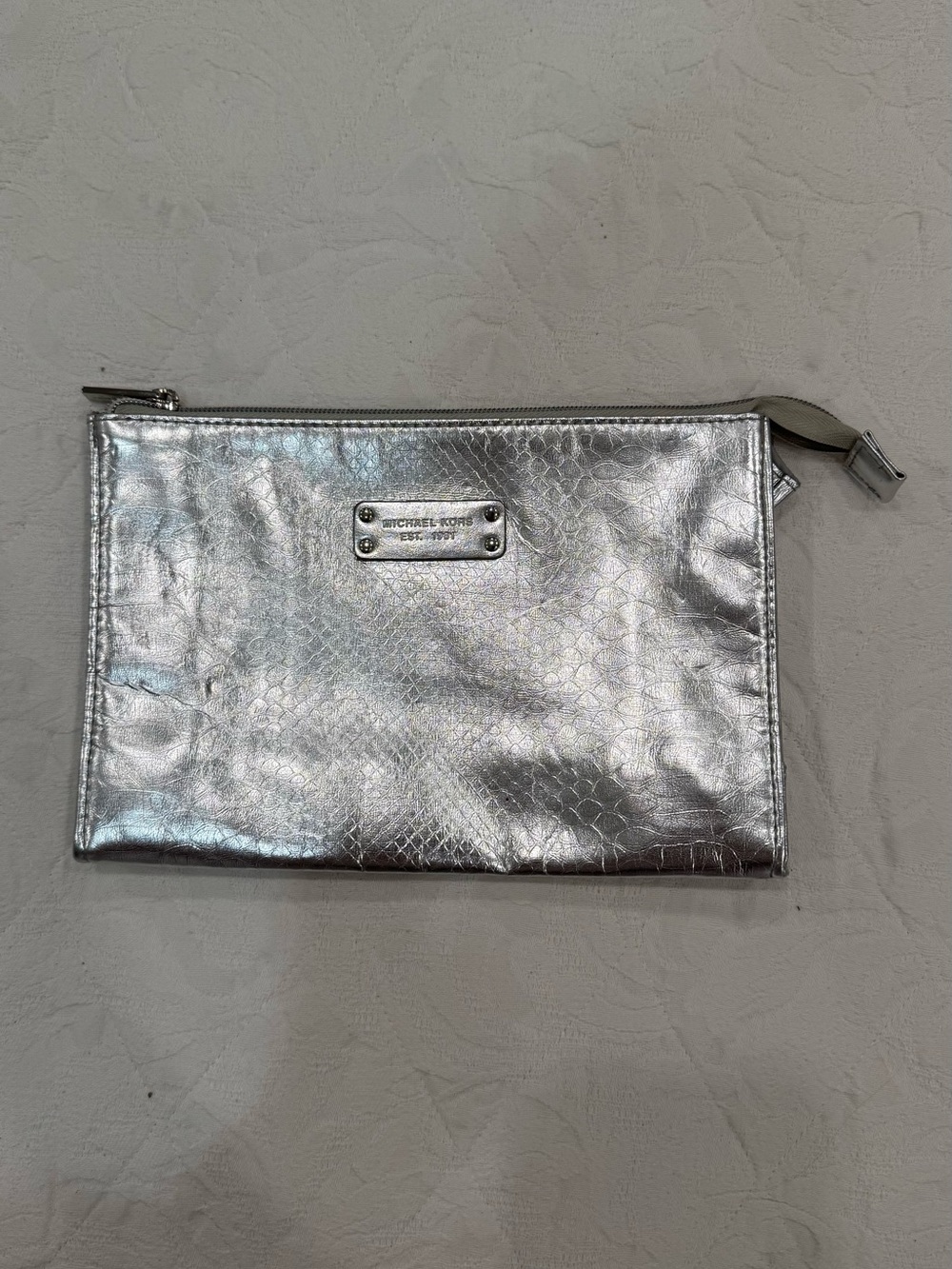Michael Kors Silver Metallic Snakeskin Texture Clutch Pouch